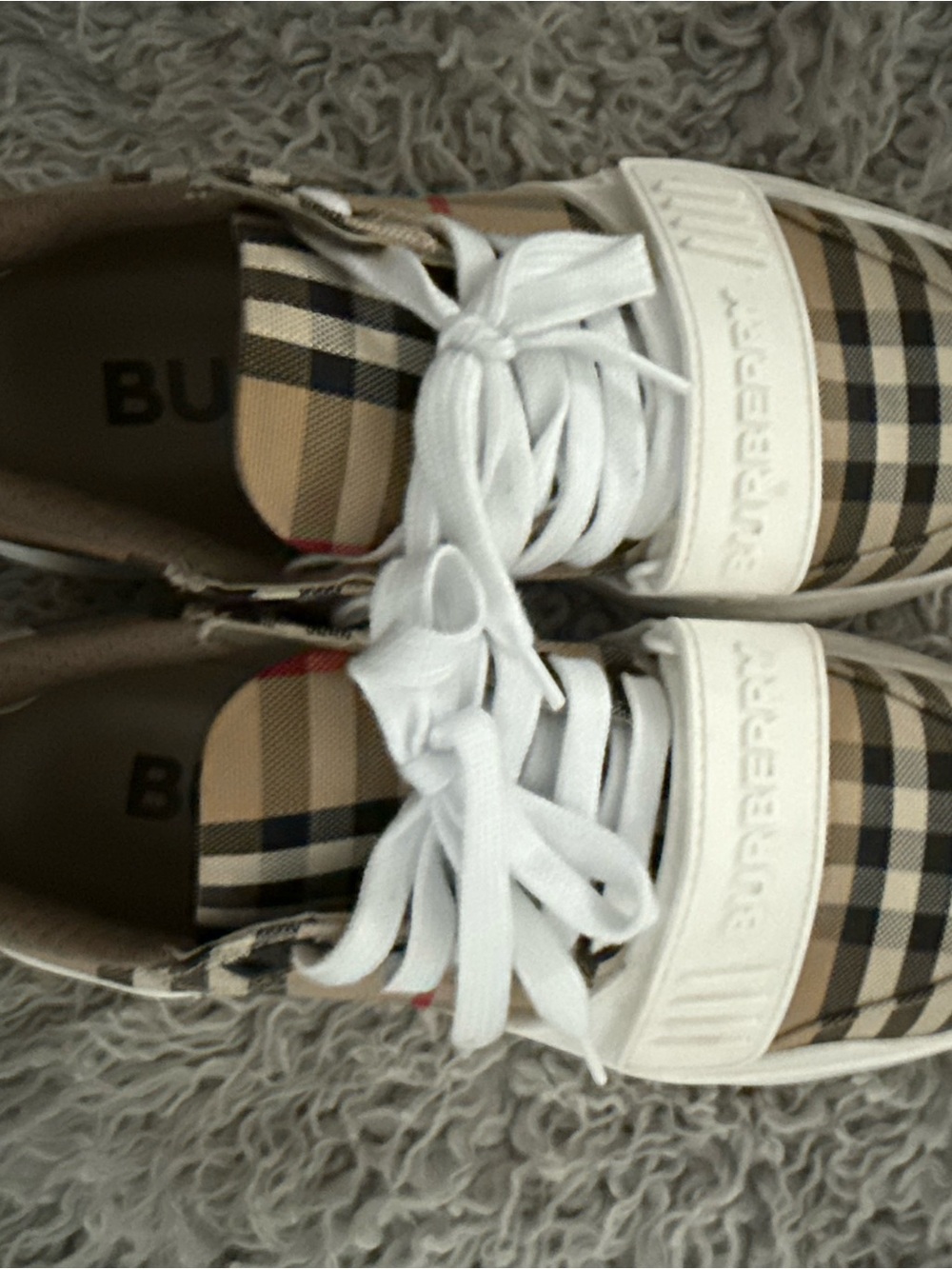 Burberry Beige Check Kids Sneakers with White Laces